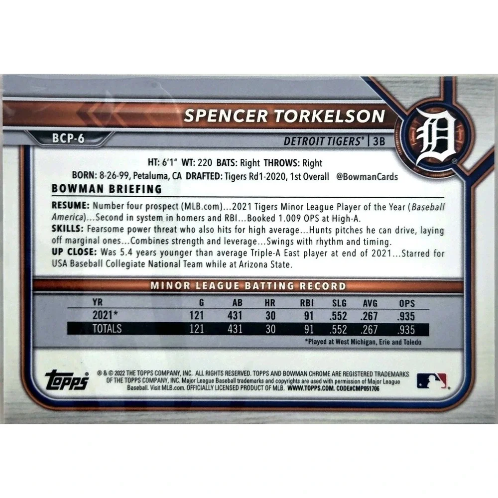 2022 Bowman - Chrome Prospects Spencer Torkelson #BCP-6 Red Lava Refractor /5...